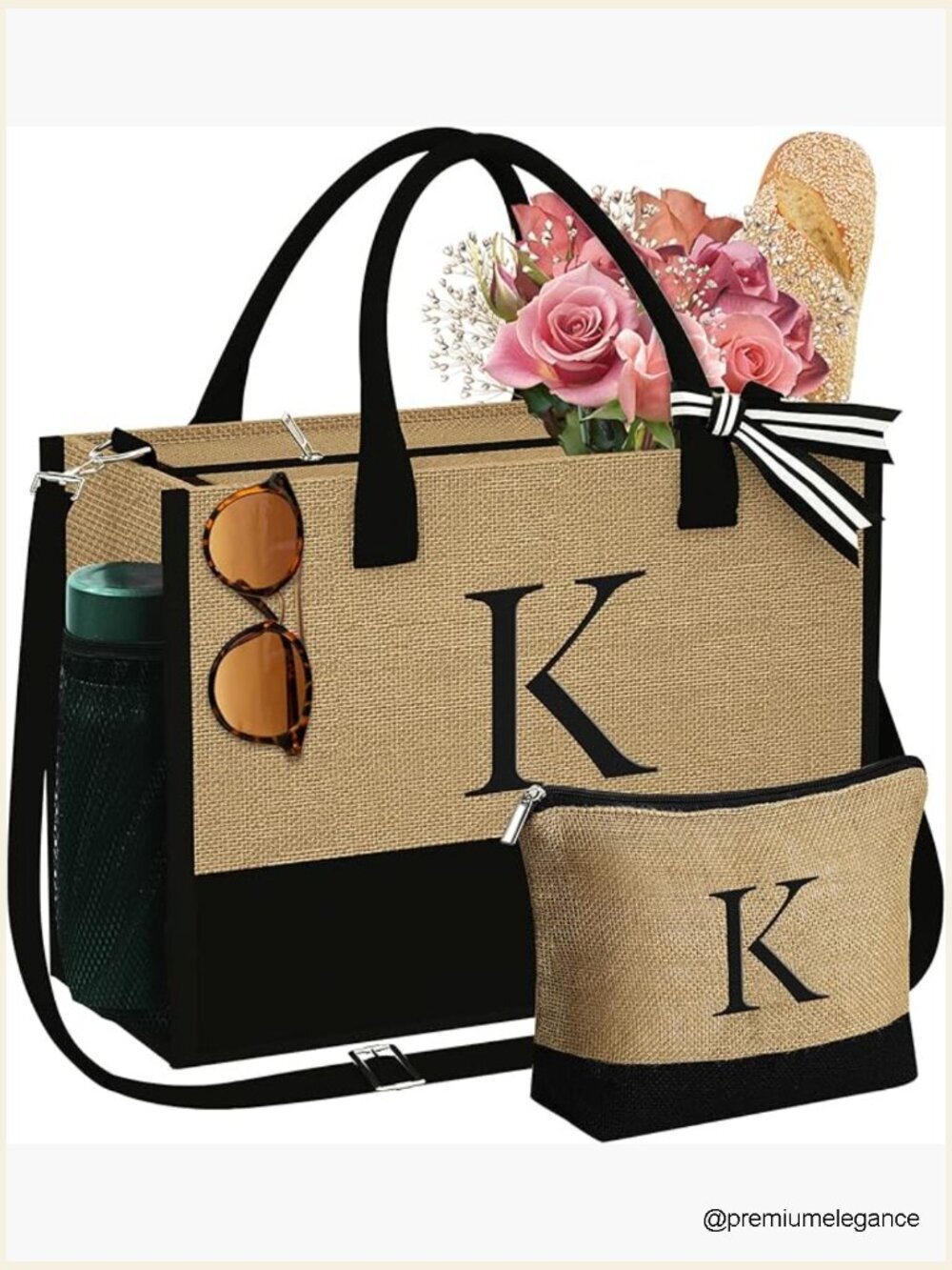 Personalized Initial Jute Tote & Makeup Bag Set, Large Zippered Tote with